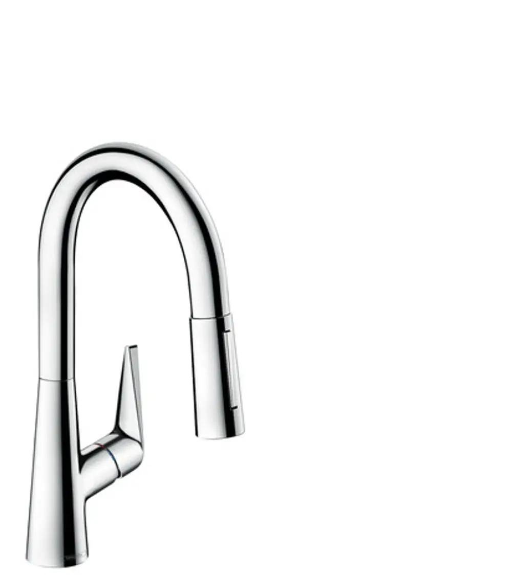 Küchenarmatur von Hansgrohe mit flexibler Ausziehbrause. Der Chrom-Finish sorgt für einen modernen Look. Ideal für den täglichen Gebrauch in der Küche.